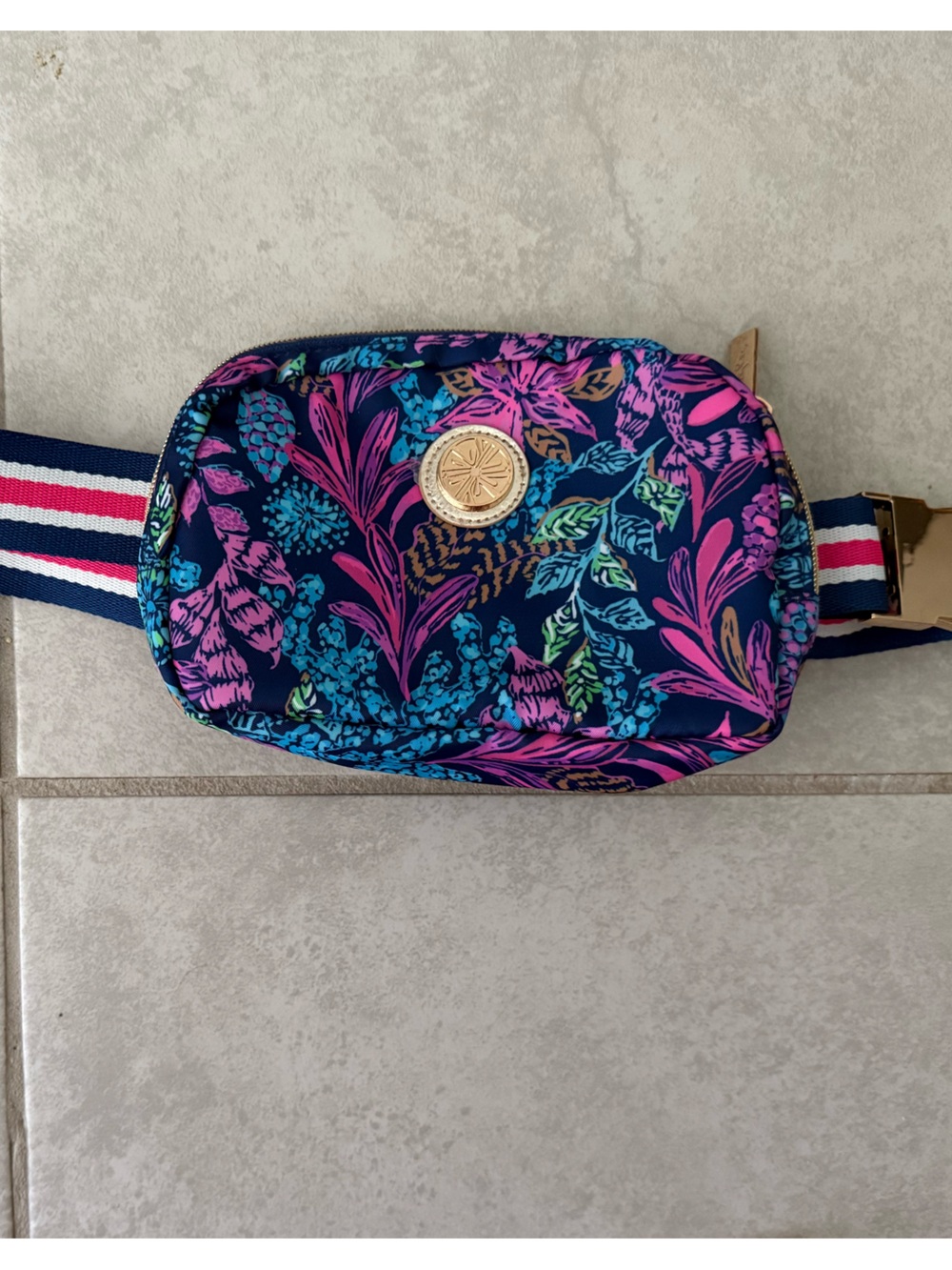 Lilly Pulitzer Navy Floral Belt Bag with Pink & Teal Accents